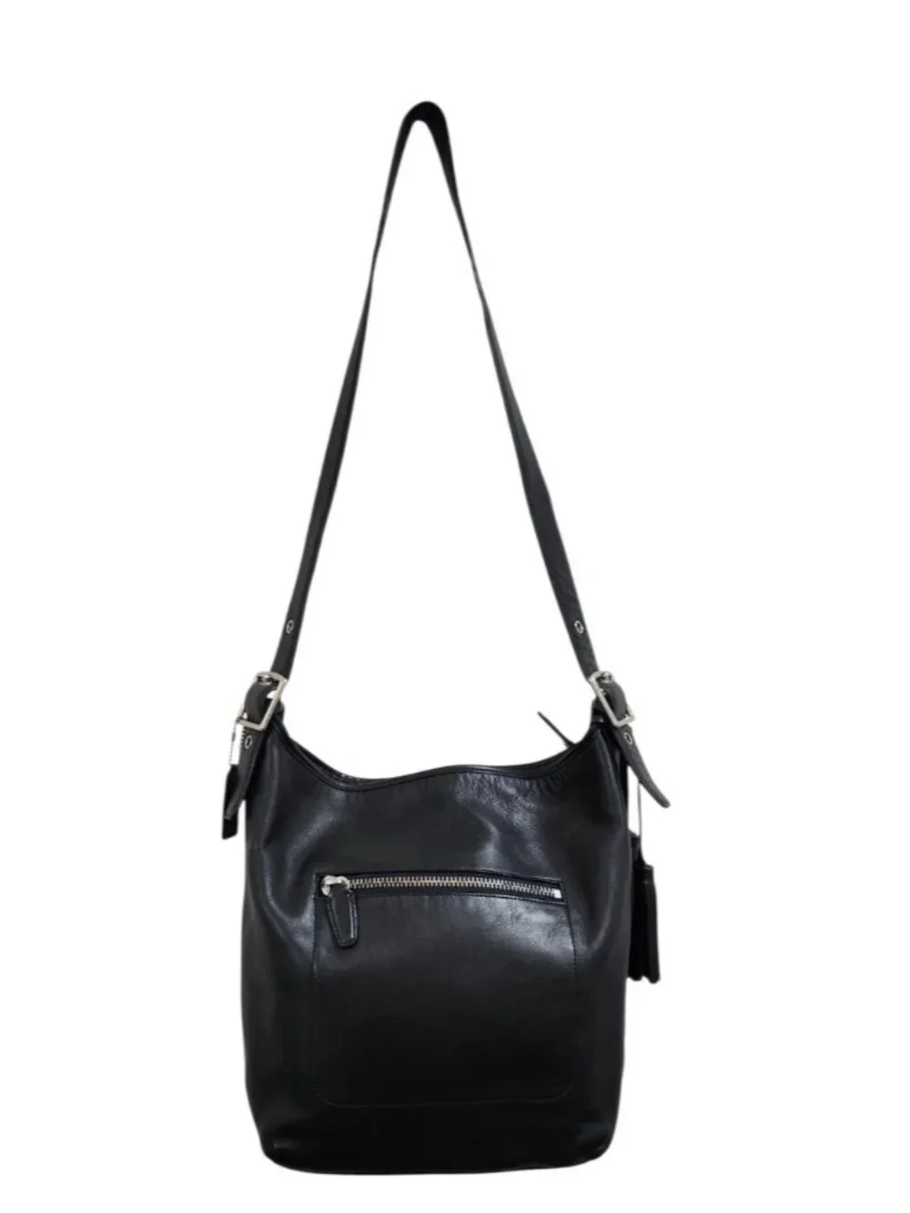 Coach Black Leather Hobo Shoulder Bag Large Tassel Silver Hardware Recolored